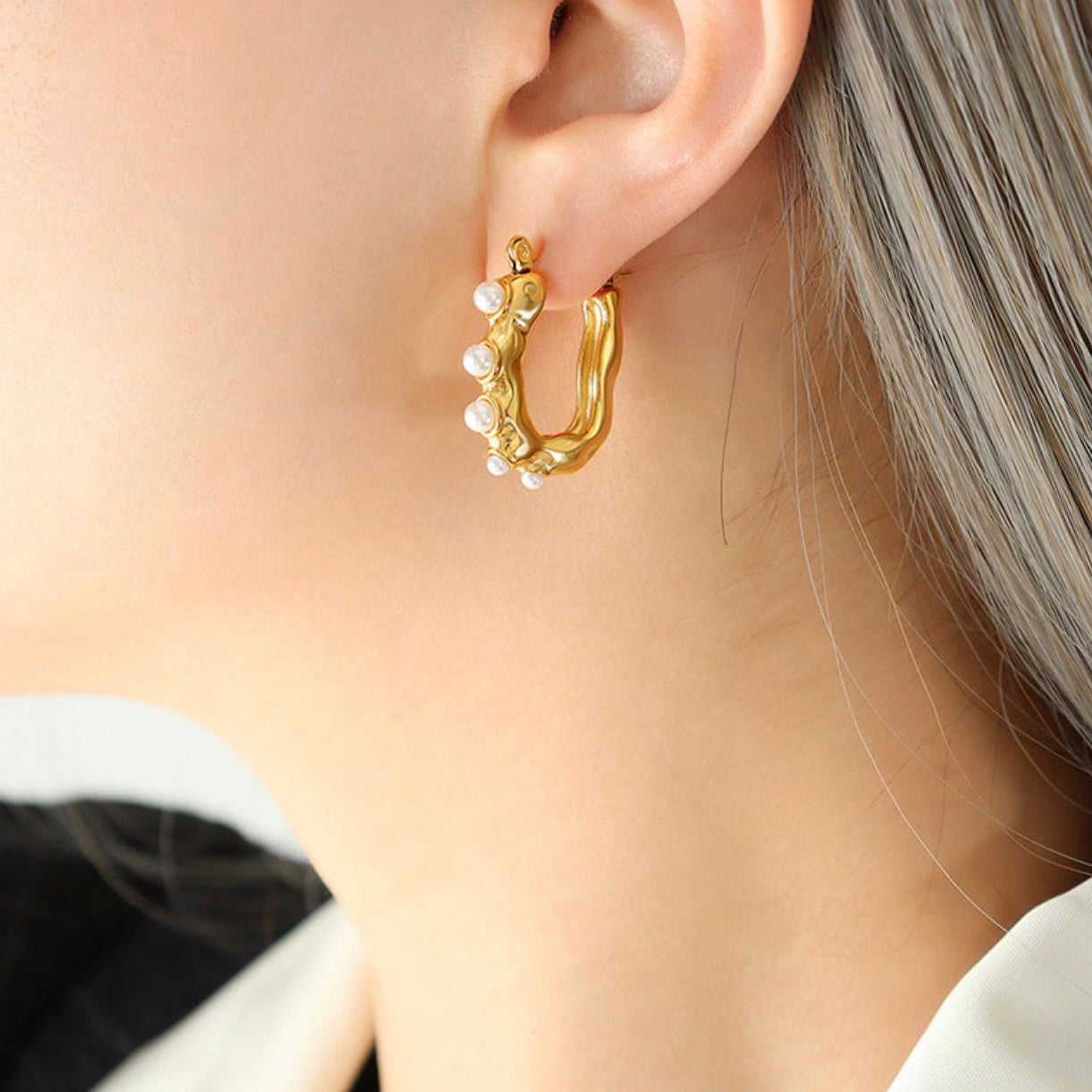 U Shaped Pearl Gold Hoop Earrings