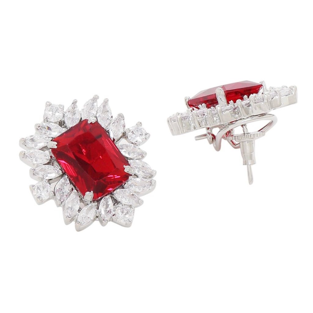 Red & Silver Plated Square Studs