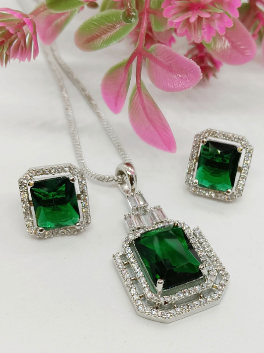 Emerald Green CZ Pendant Studs Set with Chain