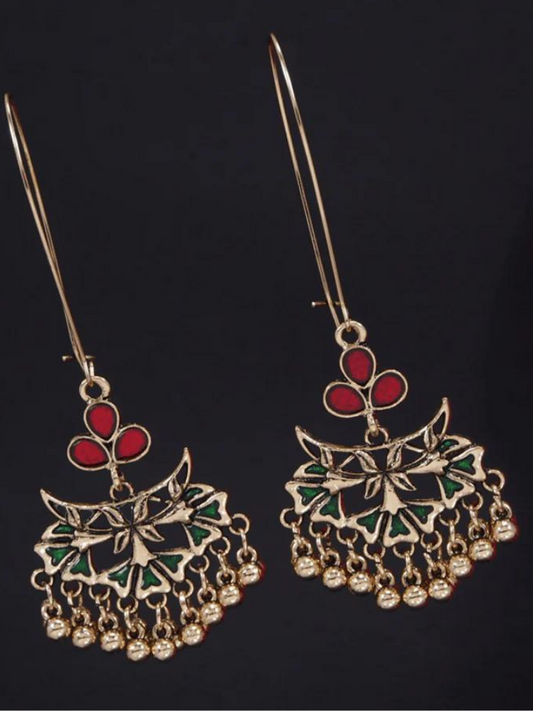 Antique Gold Plated Dual Colour Floral Hook Long Earring