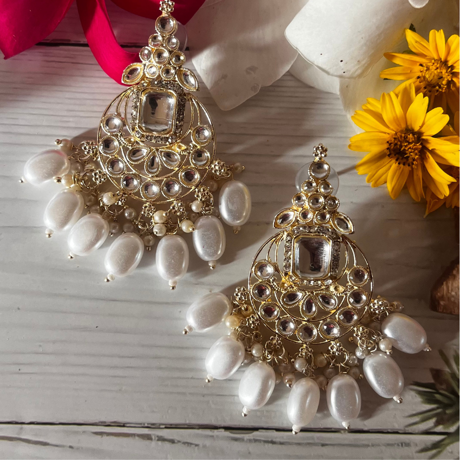 Pearl Kundan Chandbali Earrings