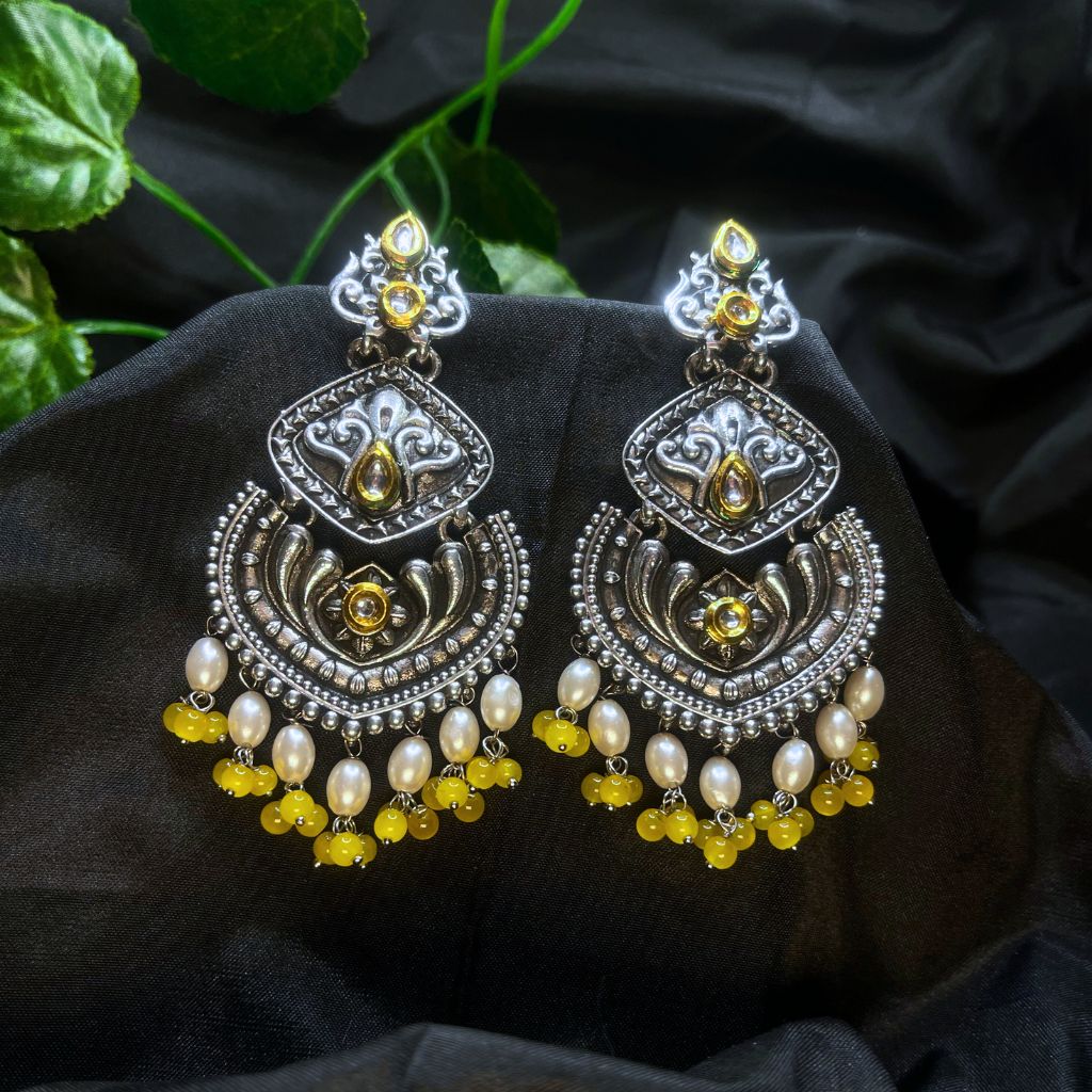 Yellow Stone Oxidised Dual Tone Earrings