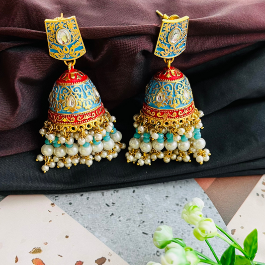 Gold Platted Sky Blue Dome Shaped Kundan Jhumkas