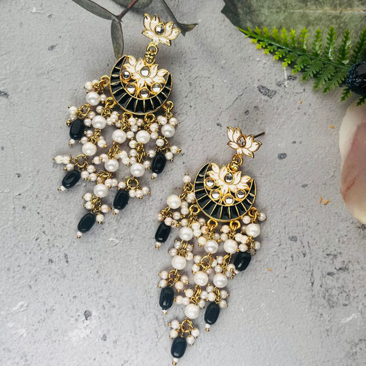 Gold-Plated Black Kundan Drop Earrings