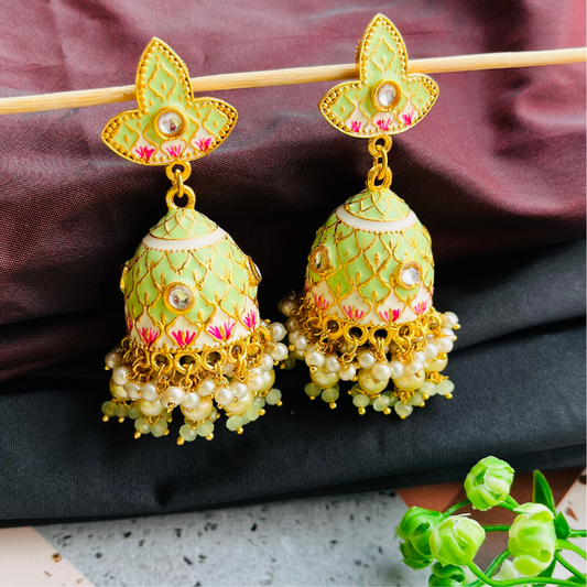 Gold Platted Mint Dome Shaped Kundan Jhumkas