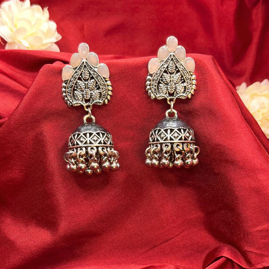 Baby Pink-Grey Silver Toned Premium Jhumka Earrings