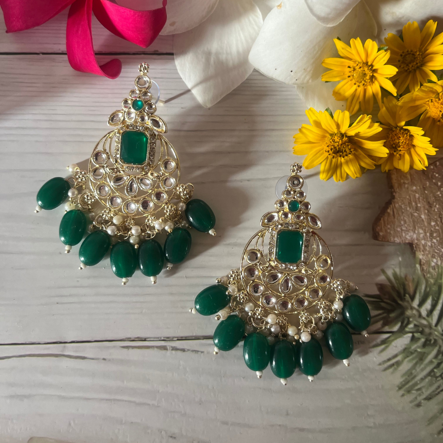 Green Kundan Chandbali Earrings