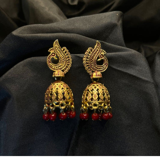 Maroon Gold-Plated Peacock Shaped Jhumka Earrings