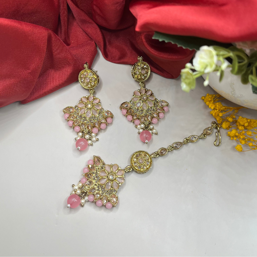 Kundan Polki Beaded Earring with Maang Tikka