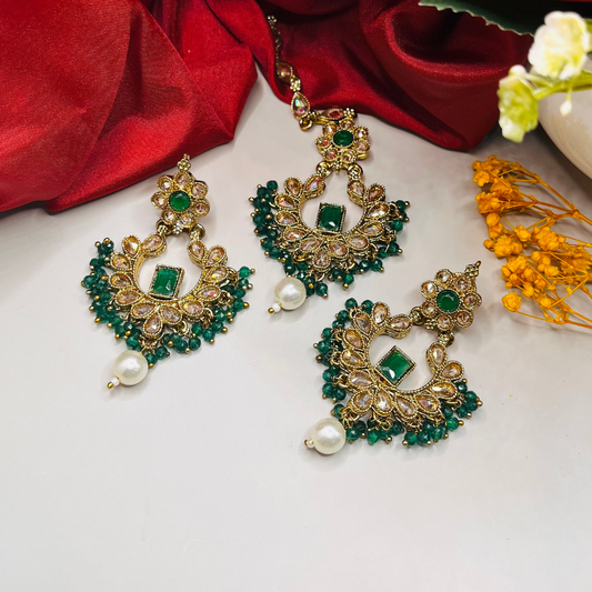 Kundan Polki Beaded Earring with Maang Tikka