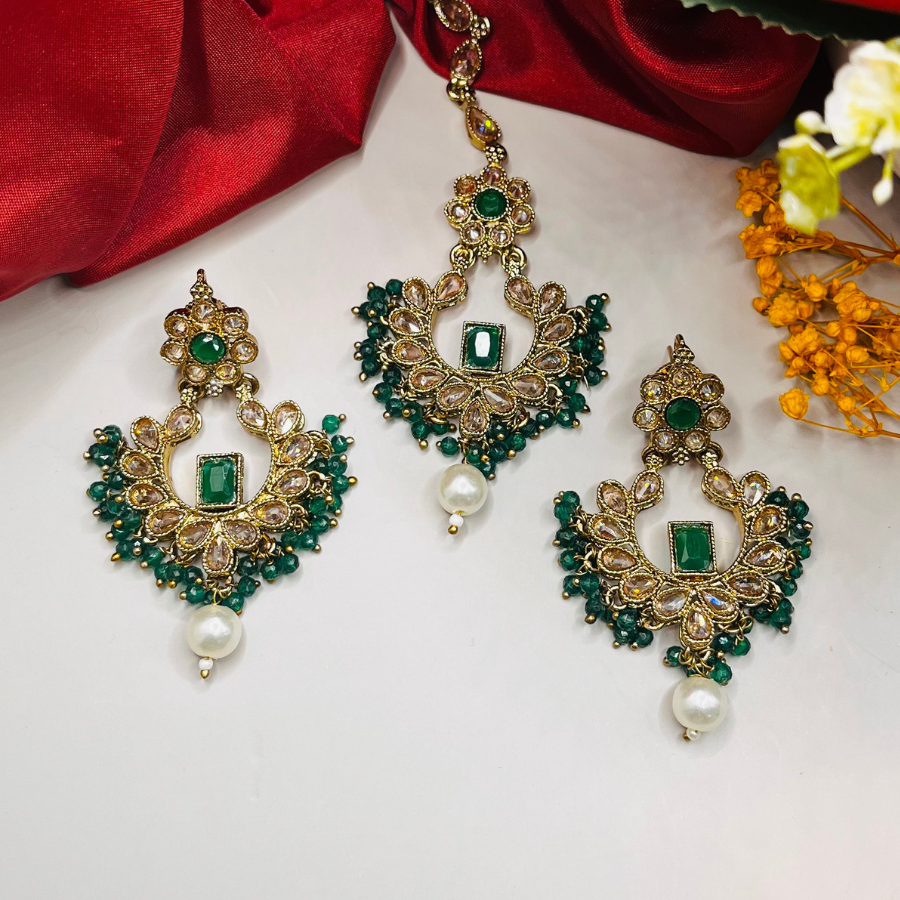 Kundan Polki Beaded Earring with Maang Tikka