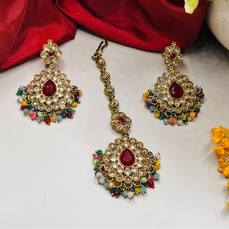 Kundan Polki Beaded Earring with Maang Tikka