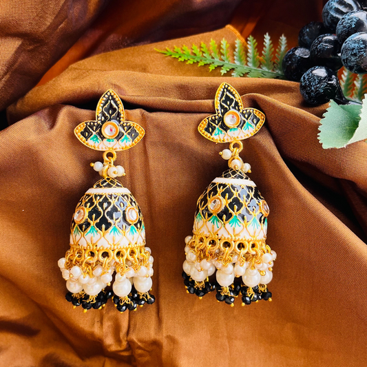 Gold Platted Black Dome Shaped Kundan Jhumkas