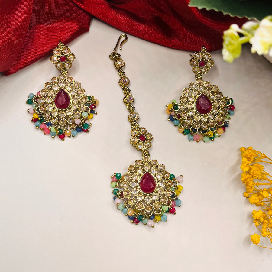 Kundan Polki Beaded Earring with Maang Tikka