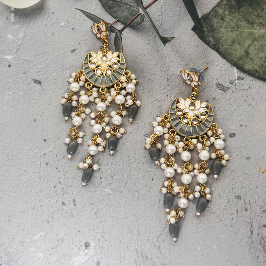 Gold-Plated Grey Kundan Drop Earrings