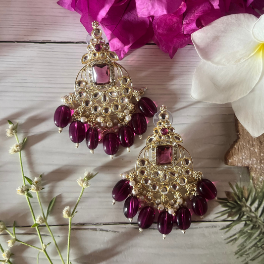 Wine Kundan Chandbali Earrings