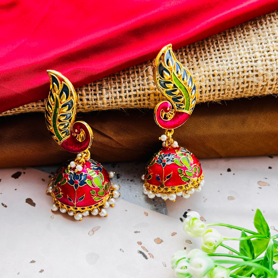 Peacock Pink and Green Temple Lotus Jhumka Earrings