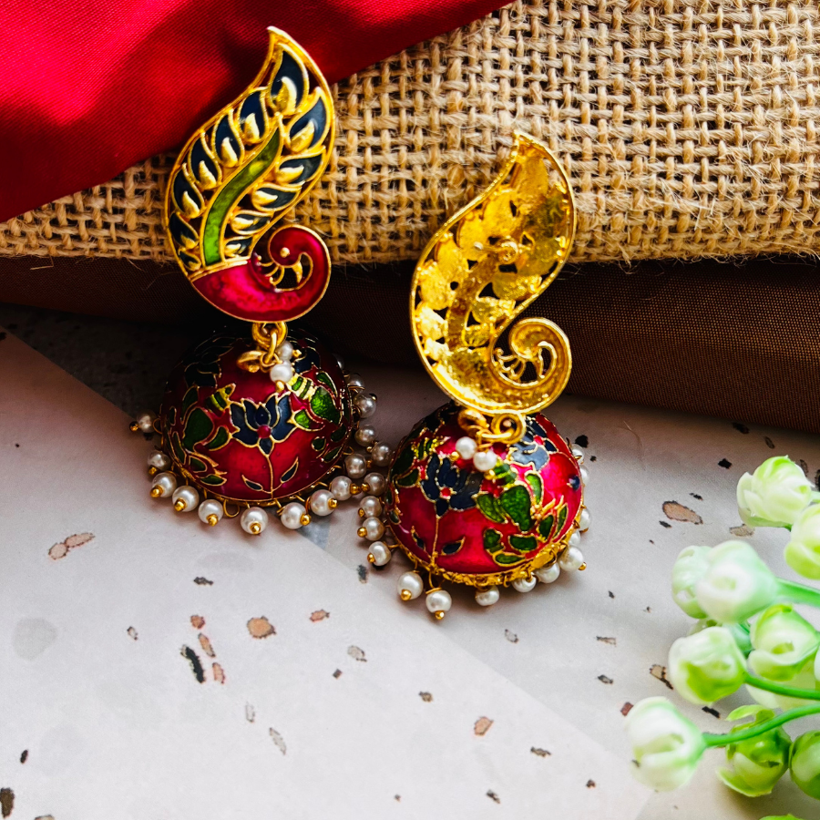 Peacock Pink and Green Temple Lotus Jhumka Earrings