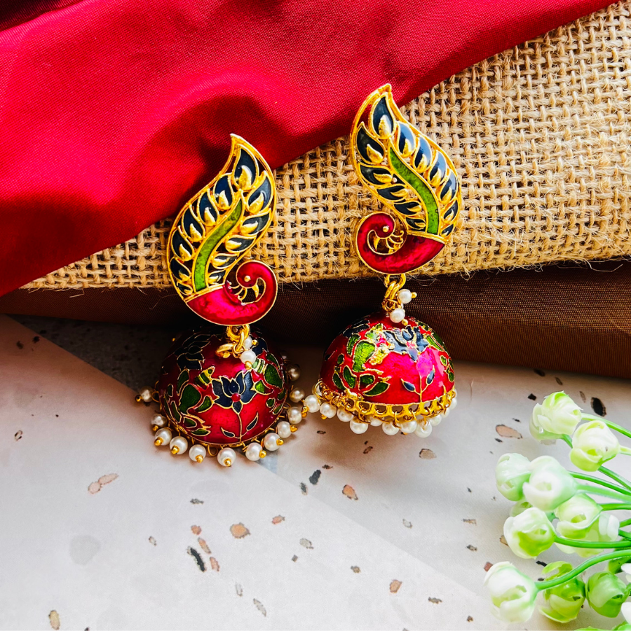 Peacock Pink and Green Temple Lotus Jhumka Earrings