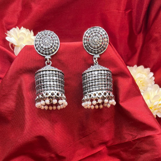 Oxidised Silver White Pearl Beaded Danglers Earrings