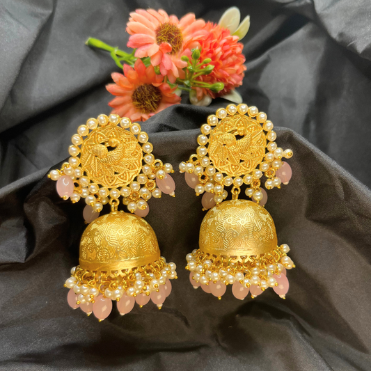 Gold-Plated Pink Kundan & Beaded Jhumkas Earrings