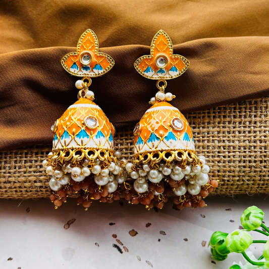 Gold Platted Orange Dome Shaped Kundan Jhumkas