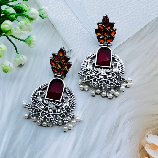 Silver Plated Stone Studded Oxidised Drop Earrings