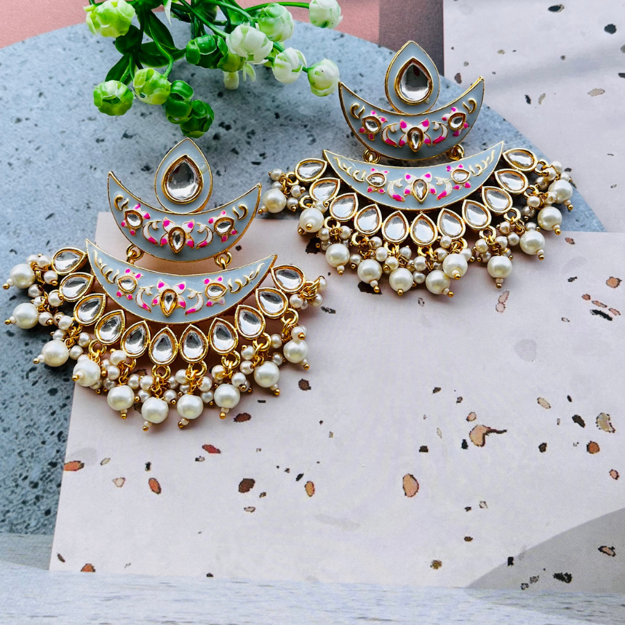 Elegant Grey Kundan Meenakari Earrings