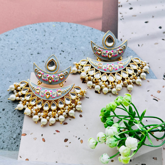 Elegant Grey Kundan Meenakari Earrings