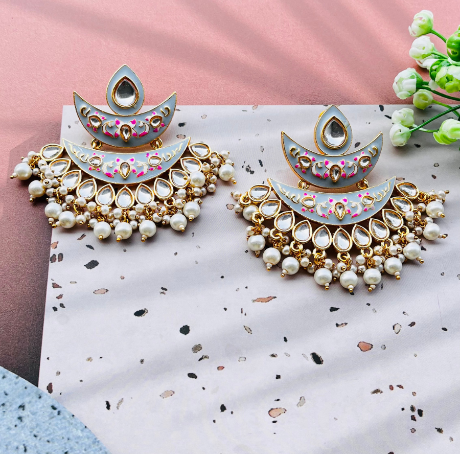 Elegant Grey Kundan Meenakari Earrings