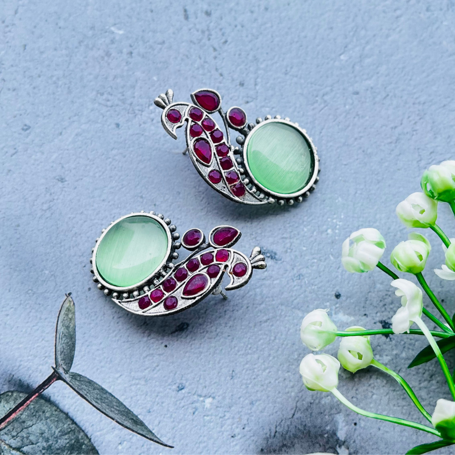 Peacock Silver Plated Monalisa Stone Stud Earrings