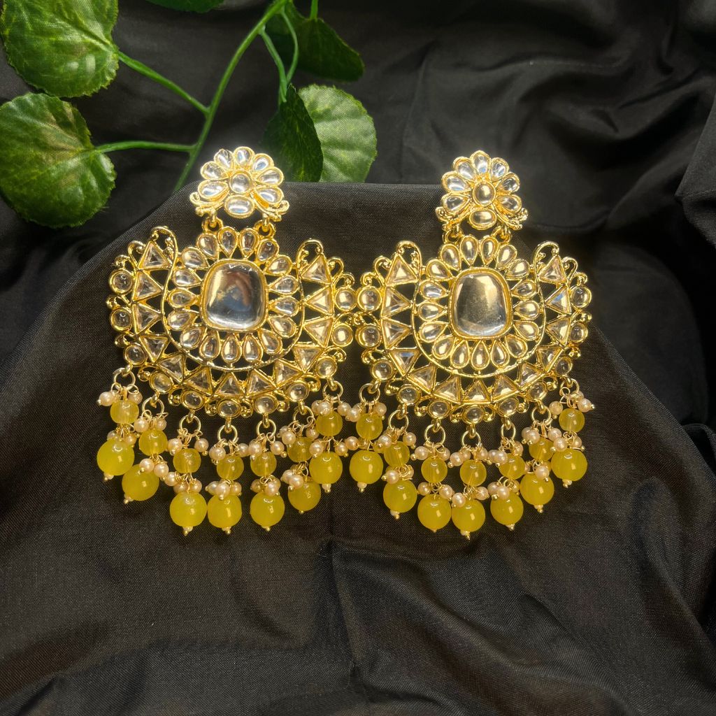 Yellow Color Kundan Earrings