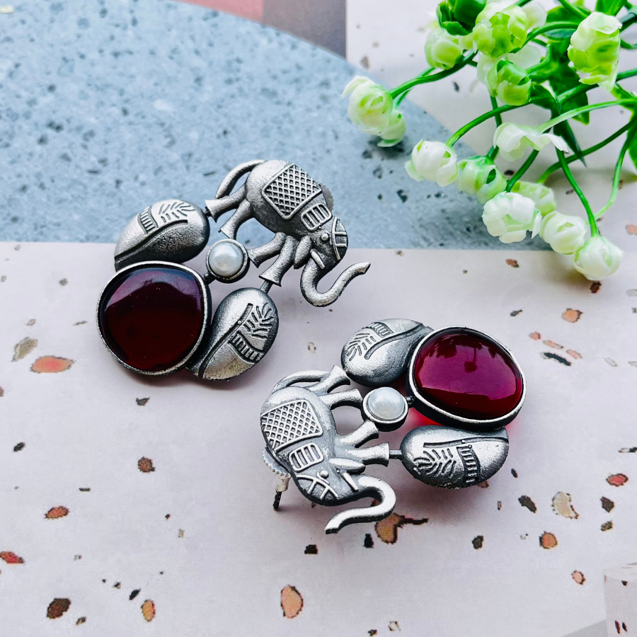 Elephant Maroon Stud Earrings