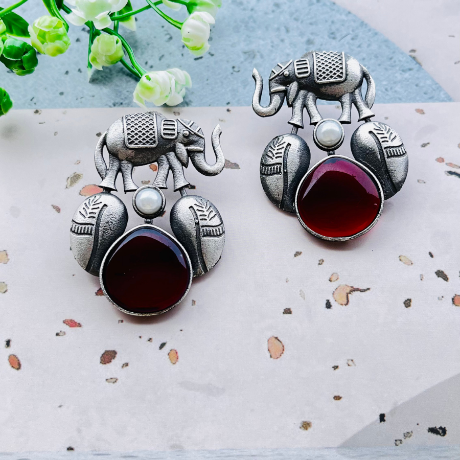 Elephant Maroon Stud Earrings