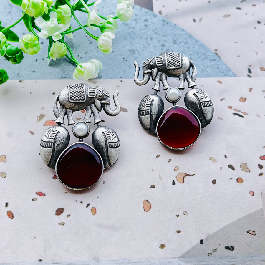 Elephant Maroon Stud Earrings