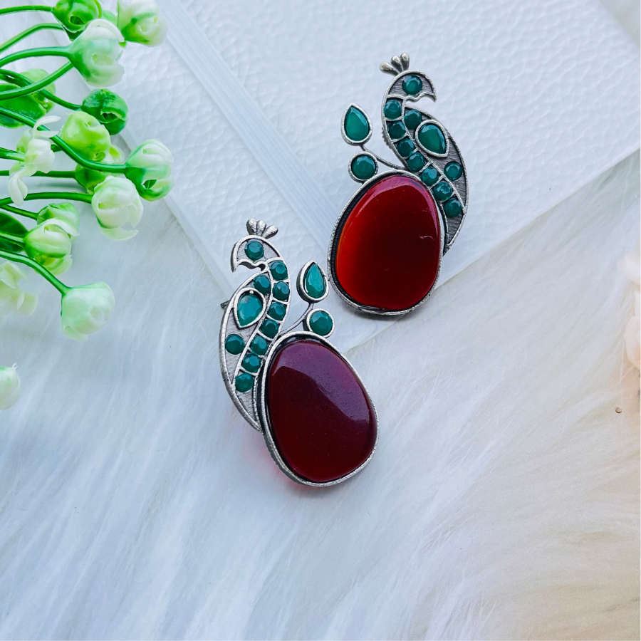 Peacock Silver Plated Monalisa Stone Stud Earrings