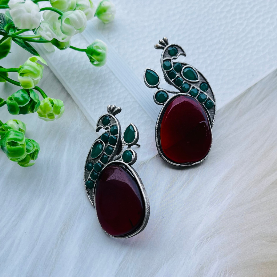 Peacock Silver Plated Monalisa Stone Stud Earrings