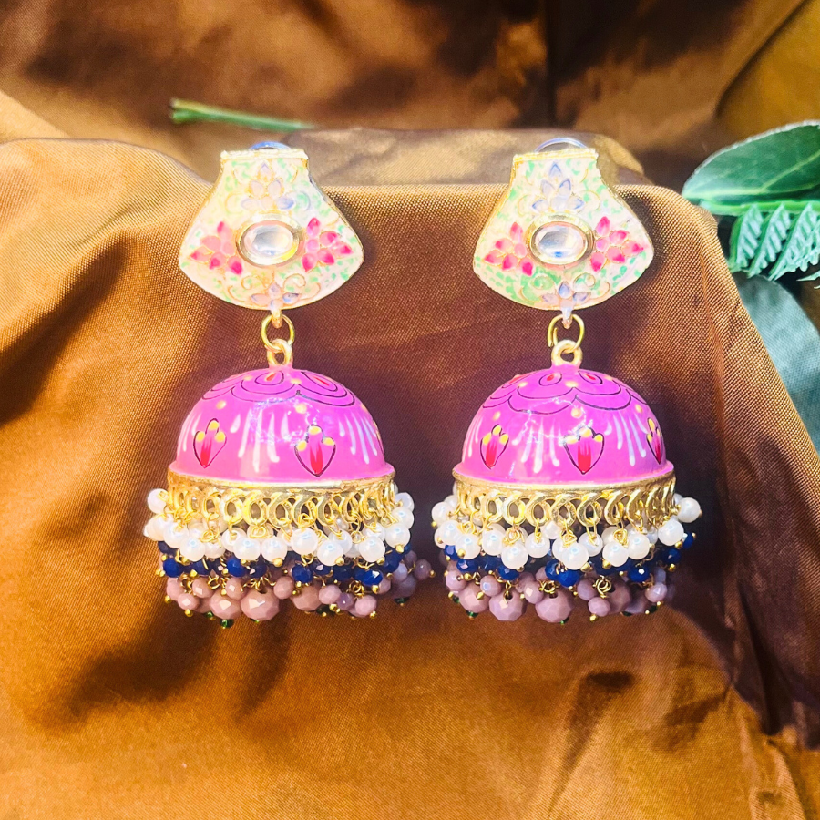 Floral Hand Painted Mint Purple Meenakari Jhumka