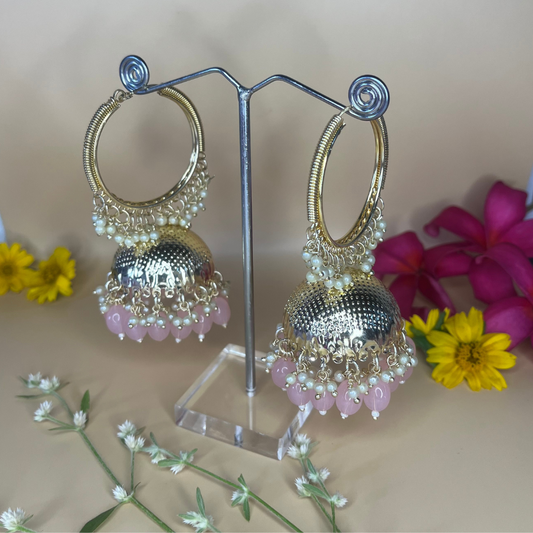 Pink Kundan Pearl Hoop Earrings