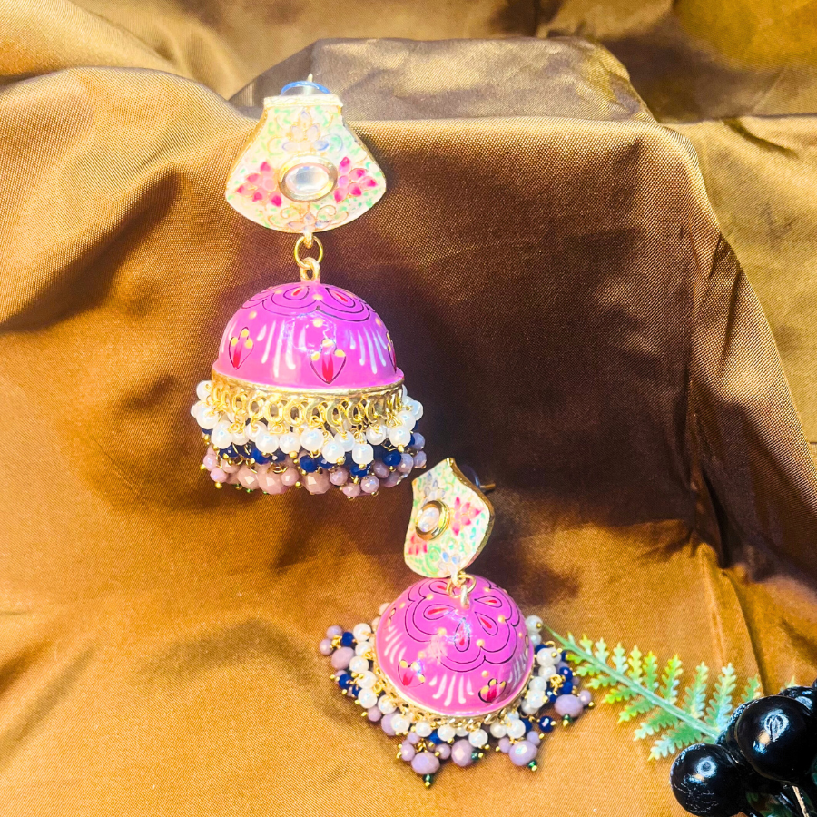 Floral Hand Painted Mint Purple Meenakari Jhumka