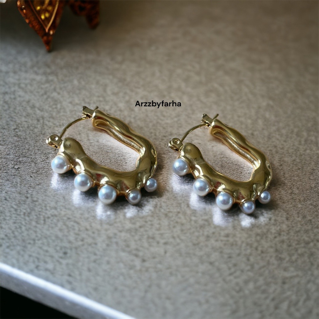 U Shaped Pearl Gold Hoop Earrings