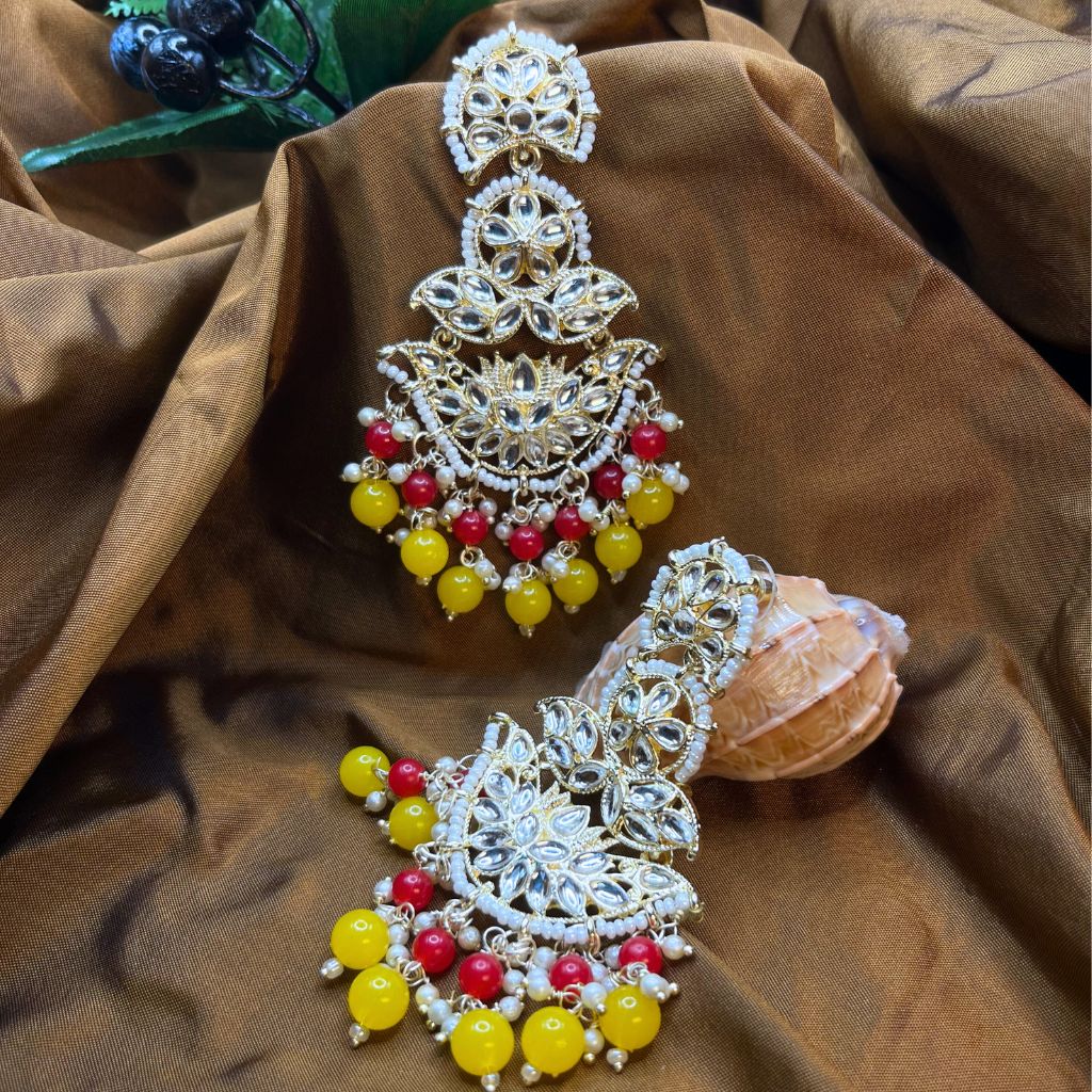 Yellow-Red Kundan Earrings