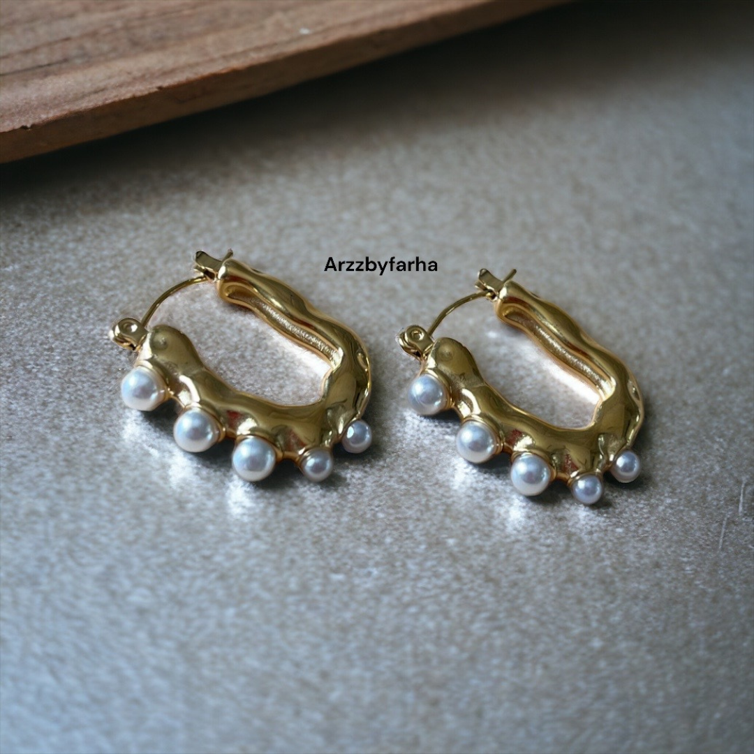 U Shaped Pearl Gold Hoop Earrings