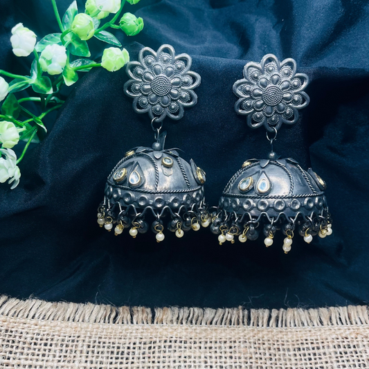 Dual Toned Black Metal Dome Shaped Jhumkas Earrings