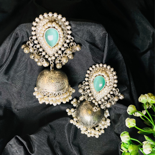 Premium German Silver Monalisa Stone with Ghungroo Jhumka Earrings