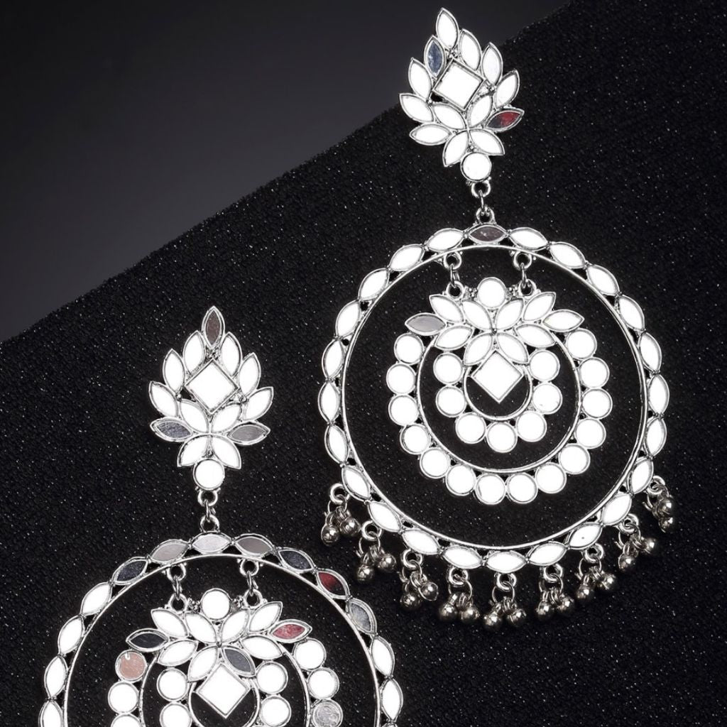 Silver Toned Silver Plated Mirror Studded Round Shape Drop Earrings