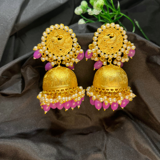 Gold-Plated Purple Kundan & Beaded Jhumkas Earrings