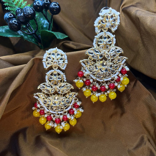 Yellow-Red Kundan Earrings