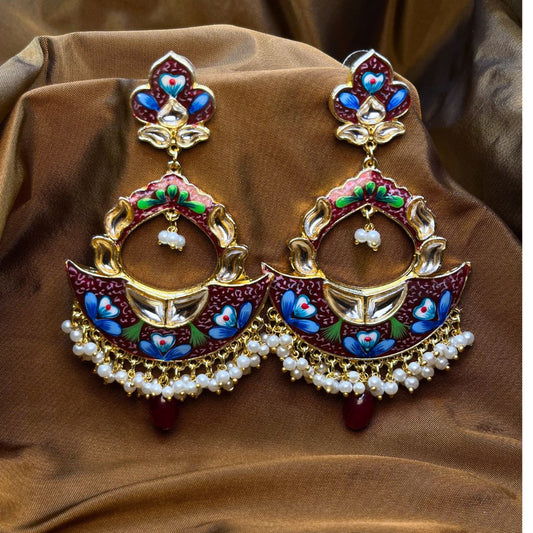 Maroon Hand Painted Kundan Meenakari Earrings