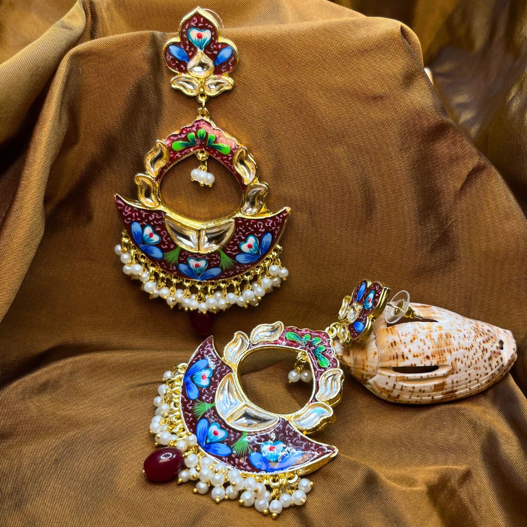 Maroon Hand Painted Kundan Meenakari Earrings